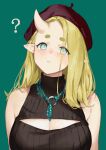  1girl ? beret blonde_hair breasts cleavage cleavage_cutout closed_mouth clothing_cutout green_eyes hat highres horns large_breasts light_frown long_hair looking_at_viewer nashidrop original pointy_ears single_horn solo thick_eyebrows turtleneck 