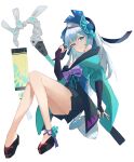  1girl absurdres aoandon aqua_nails black_gloves blue_eyes bow breasts cleavage elbow_gloves fengzaiye_(user_pexj2855) gloves hand_up highres lantern long_hair looking_at_viewer onmyoji partially_fingerless_gloves purple_bow simple_background smile staff white_background white_hair 