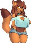  2016 5_fingers alpha_channel amber_eyes anthro biped blue_bottomwear blue_clothing blue_shorts blue_topwear bottomwear breasts brown_body brown_fur brown_tail_tip cleavage cleavage_cutout clothed clothing cutoffs denim denim_clothing digital_media_(artwork) female fingers fully_clothed fur hi_res mammal orange_body orange_fur portrait shaded shorts simple_background solo standing three-quarter_portrait topwear transparent_background zyira 