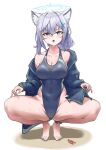  1girl absurdres animal_ears barefoot blue_archive blue_eyes competition_school_swimsuit competition_swimsuit eujin grey_hair heterochromia highres inhey jacket one-piece_swimsuit open_clothes open_jacket school_swimsuit shiroko_(blue_archive) sweat swimsuit thighs wolf_ears 