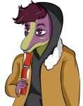  anthro beverage_can can clothed clothing container dinosaur goodbye_volcano_high hair hoodie male meme multicolored_body purple_body purple_eyes purple_hair reptile ryan_(gvh) scalie simple_background snoot_game_(fan_game) solo tired_eyes topwear two_tone_body unknown_artist video_games white_background 
