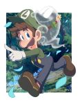  1boy blue_eyes blue_pants blush border brown_footwear brown_hair buttons dog facial_hair forest full_body ghost gloves green_headwear green_shirt hat hoshikuzu_pan long_sleeves looking_to_the_side luigi luigi&#039;s_mansion male_focus mario_(series) mustache nature open_mouth outdoors outside_border overalls pants petals pointing polterpup running shirt shoes short_hair smile teeth tree upper_teeth white_border white_gloves 
