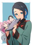  1boy 2girls absurdres aduti_momoyama afro_puffs asticassia_school_uniform baggy_clothes black_hair blue_background blue_eyes blue_hair chuatury_panlunch closed_mouth colored_inner_hair framed green_jacket gundam gundam_suisei_no_majo highres holding holding_tablet_pc hood hoodie jacket looking_at_viewer martin_upmont medium_hair multicolored_hair multiple_girls nika_nanaura pink_eyes pink_hair pink_hoodie school_uniform short_hair smile tablet_pc two-tone_hair upper_body 
