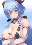  1girl absurdres ahoge alternate_costume animal_print arms_under_breasts bell between_breasts bikini blue_hair blush bottle breasts closed_mouth collar collarbone cow_print crossed_arms dot_nose elbow_gloves ganyu_(genshin_impact) genshin_impact gloves goat_horns gradient_eyes highres horns inuinuo_gataken jingle_bell large_breasts low_ponytail milk_bottle multicolored_eyes neck_bell nipples one_breast_out raised_eyebrows red_collar red_eyes sidelocks solo swimsuit tearing_up upper_body wavy_hair wet yellow_eyes 