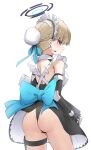  1girl ass blonde_hair blue_archive blue_bow blue_bowtie blue_eyes bow bowtie braid chest_harness closed_mouth earpiece elbow_gloves fingerless_gloves french_braid from_behind gloves hair_bun halo harness highleg highleg_leotard highres holster large_bow leotard looking_at_viewer maid maid_headdress raw_egg_lent simple_background single_hair_bun solo standing thigh_holster thong_leotard toki_(blue_archive) waist_bow white_background 