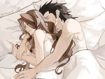  1boy 1girl aerith_gainsborough black_hair brown_hair closed_eyes couple crisis_core_final_fantasy_vii cuddling dated final_fantasy final_fantasy_vii highres long_hair pillow quanzai201 scar scar_on_cheek scar_on_face sleeping tank_top twitter_username under_covers upper_body zack_fair 