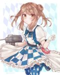  1girl adapted_turret alice_(alice_in_wonderland) alice_(alice_in_wonderland)_(cosplay) alice_in_wonderland cannon checkered_clothes commentary_request cosplay cowboy_shot double_bun dress enemy_lifebuoy_(kancolle) gloves hair_bun highres kantai_collection light_brown_hair looking_at_viewer michishio_(kancolle) official_alternate_costume pocket_watch short_twintails solo thighhighs turret twintails two-tone_dress watch white_dress white_gloves yufufu 