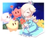  1girl ^_^ aqua_dress bangs bare_shoulders blonde_hair blue_gemstone blush closed_eyes closed_mouth crown dress earrings eyelashes flower frilled_dress frilled_sleeves frills full_body gem hair_over_one_eye holding holding_flower hoshikuzu_pan jewelry lips long_hair long_sleeves luma_(mario) mario_(series) off-shoulder_dress off_shoulder one_eye_covered parted_bangs red_flower red_gemstone red_rose rosalina rose sidelocks sitting sky smile solo space sparkle star_(sky) star_(symbol) star_earrings starry_sky super_mario_galaxy swept_bangs wide_sleeves yellow_flower 