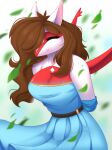  alphadesu anthro belt breasts cleavage clothed clothing dress eyes_closed female fully_clothed generation_3_pokemon hands_behind_back happy hi_res latias leaf legendary_pokemon lilith_(wigglebuttlilith) nintendo pokemon pokemon_(species) red_body smile solo video_games white_body wings 