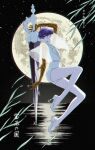  1other androgynous bangs blue_eyes blue_hair blunt_bangs colored_eyelashes crystal_hair full_moon gold golden_arms heterochromia high_heels highres holding holding_weapon houseki_no_kuni kamezaemon looking_at_viewer moon night open_mouth phosphophyllite phosphophyllite_(ll) shirt short_hair shorts smile solo sparkle weapon white_eyes white_shirt white_shorts 
