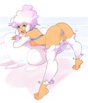  1girl :d ass bare_shoulders bent_over blue_eyes breasts bridal_gauntlets cloud cloud_clothes cloud_hair commentary detached_pants elbow_gloves feet full_body gloves hand_on_own_crotch legs legs_apart looking_at_viewer medium_breasts nipples no_shoes o-ring open_mouth original pink_hair simple_background smile solo squeezable_(artist) symbol-only_commentary taffy_(squeezable) tiptoes toes white_gloves 