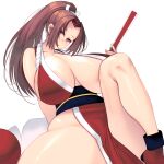  1girl bangs bare_shoulders breasts brown_eyes brown_hair collarbone commentary curvy fatal_fury hand_fan head_tilt high_ponytail highres hip_bones huge_breasts japanese_clothes knee_up leaning_back long_hair looking_at_viewer masao ninja no_bra parted_bangs pelvic_curtain plump ponytail revealing_clothes shiranui_mai simple_background snk solo the_king_of_fighters thick_thighs thighs white_background 