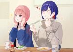  2girls absurdres bangs blue_hair blush braid braided_tail bright_pupils chewing chopsticks closed_eyes closed_mouth cup earrings eating eyebrows_hidden_by_hair food highres holding holding_chopsticks indoors jewelry kaf_(kamitsubaki_studio) kamitsubaki_studio kizakura_art long_hair mug multicolored_hair multiple_girls pink_hair plate rim_(kamitsubaki_studio) short_hair sitting smile soy_sauce sweater twin_braids twintails upper_body 