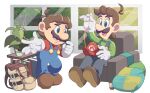  2boys :d antenna_hair arm_up armchair backpack backpack_removed bag blue_eyes blue_pants book brothers brown_bag brown_footwear brown_hair chair closed_mouth facial_hair full_body gloves green_shirt hat hat_removed headwear_removed hoshikuzu_pan indoors long_sleeves luigi male_focus mario mario_(series) multiple_boys mustache needle open_mouth overalls pants pillow plant potted_plant red_headwear red_shirt sewing sewing_needle shirt shoes short_hair siblings sitting smile standing table tree white_gloves window 
