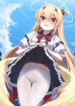  1girl absurdres bada_(jksh5056) bangs black_skirt blonde_hair blue_sky blush bow chucolala clothes_lift cloud collared_shirt commentary_request commission day frilled_skirt frills hair_between_eyes hair_ornament halo highres long_hair looking_at_viewer navel one_side_up open_mouth outdoors pantyhose puffy_short_sleeves puffy_sleeves red_bow red_eyes shirt short_sleeves skirt skirt_lift sky solo suzumiya_rin tears thigh_gap very_long_hair virtual_youtuber wavy_mouth white_pantyhose white_shirt 