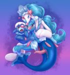  &lt;3 2018 3_fingers anus blue_body blue_eyes blue_hair blush bodily_fluids brionne erection feral fingers generation_7_pokemon genital_fluids genitals gradient_background group hair hi_res long_hair male male/male nintendo open_mouth penis pink_nose pokemon pokemon_(species) popplio precum primarina purple_background simple_background size_difference slit suns tapering_penis teeth tongue trio video_games white_body 