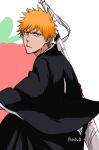  1boy bleach brown_eyes japanese_clothes kurosaki_ichigo long_sleeves looking_at_viewer male_focus sheath sheathed solo spiked_hair sword sword_on_back ten0u0 upper_body weapon weapon_on_back wide_sleeves 