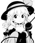  1girl :o bangs bare_shoulders black_headwear blouse bow bright_pupils cock_robin collarbone expressionless eyeball frilled_shirt_collar frilled_sleeves frills greyscale hat hat_bow hat_ribbon high_contrast komeiji_koishi long_sleeves looking_to_the_side medium_hair monochrome parted_lips ribbon shirt simple_background solo third_eye touhou upper_body wavy_hair wide_sleeves 