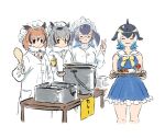  4girls ^_^ alternate_costume bare_shoulders bird_girl bird_wings black_hair blonde_hair blowhole blue_dress blue_hair blue_whale_(kemono_friends) blush bottle bow bowtie brown_eyes brown_hair cetacean_tail chef_hat chef_uniform closed_eyes commentary_request common_dolphin_(kemono_friends) curry curry_rice dolphin_girl dorsal_fin dress eurasian_eagle_owl_(kemono_friends) food frilled_dress frills fur_collar grey_hair grey_sweater greyscale hat hatch_(hatch_box) head_wings kemono_friends ladle long_hair milk_bottle monochrome multicolored_hair multiple_girls northern_white-faced_owl_(kemono_friends) owl_ears rice sailor_dress semi-rimless_eyewear short_hair sleeveless spoon stock_pot sweater translation_request turtleneck turtleneck_sweater v whale_girl white_fur wings yellow_bow yellow_bowtie yellow_eyes 