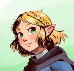  2019 blonde_hair clothing eltonel female green_eyes hair humanoid humanoid_pointy_ears hylian light_body light_skin nintendo not_furry princess_zelda simple_background smile solo the_legend_of_zelda video_games 