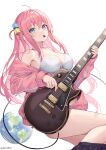 1girl absurdres ahoge bare_shoulders bass_guitar blue_eyes bocchi_the_rock! bra breasts cleavage collarbone earth_(planet) electric_guitar gotou_hitori guitar hair_ornament highres hokori_sakuni holding holding_instrument instrument jacket large_breasts long_hair long_sleeves looking_at_viewer mouth_hold music off_shoulder one_side_up pink_hair planet playing_instrument plectrum skirt solo underwear white_background 