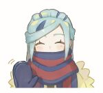  1boy absurdres blush closed_eyes commentary_request eyelashes facing_viewer green_hair grusha_(pokemon) hand_up highres jacket long_hair male_focus mittens pe_cippe pokemon pokemon_(game) pokemon_sv scarf scarf_over_mouth simple_background solo white_background yellow_jacket 