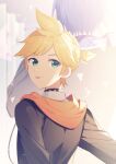  2boys :p black_hoodie blonde_hair blue_eyes blue_hair blurry collar depth_of_field hood hoodie kagamine_len kaito_(vocaloid) long_sleeves multiple_boys orange_hood shirt short_hair short_ponytail sinaooo tongue tongue_out visible_ears white_shirt 