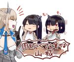  3girls between_breasts black_gloves black_hair blue_bow blue_bowtie blue_eyes blue_necktie bow bowtie breasts capelet commentary_request dress eating food fusou_(kancolle) gloves grey_capelet grey_dress headgear japanese_clothes kantai_collection kurou_oruha large_breasts light_brown_hair long_hair low_twintails maryland_(kancolle) multiple_girls necktie radio_antenna red_eyes shirt short_hair sleeveless steak strapless strapless_dress twintails white_shirt yamashiro_(kancolle) 