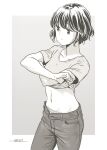  1girl closed_mouth clothes_lift dated denim highres horikou jeans lifted_by_self midriff monochrome navel panties pants shima_saki shirt shirt_lift short_hair short_sleeves signature solo underwear undressing yurucamp 