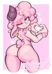  &lt;3 absurd_res anthro big_breasts bovid breasts butt caprine female gesture hand_heart hi_res mammal nude one_eye_closed pink_background rear_view rosti sheep simple_background smile solo wink 