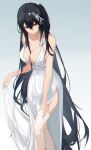  1girl absurdres azur_lane backless_dress backless_outfit bangs black_hair breasts center_opening chinese_commentary cleavage clothes_lift cocktail_dress crossed_bangs dress evening_gown gradient gradient_background grey_background hair_ornament highres holding holding_clothes holding_dress large_breasts long_dress long_hair official_alternate_costume plunging_neckline red_eyes satin_dress see-through see-through_dress shiguangbai simple_background skirt skirt_lift sleeveless sleeveless_dress solo tachi-e taihou_(azur_lane) taihou_(temptation_on_the_sea_breeze)_(azur_lane) thighhighs very_long_hair white_dress white_thighhighs 