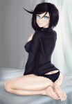  absurdres ass badsharku barefoot bed_sheet black_hair black_nails black_panties black_sweater blue_eyes breasts feet girls&#039;_frontline highres intruder_(girls&#039;_frontline) looking_at_viewer medium_breasts nail_polish panties sangvis_ferri soles sweater turtleneck turtleneck_sweater underwear 