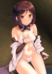  1girl a9b_(louis814) absurdres aircraft airplane blush breasts brown_eyes brown_hair cameltoe closed_mouth collarbone highres kuroda_kunika looking_at_viewer looking_up navel panties shiny shiny_hair shiny_skin short_hair sitting small_breasts smile solo strapless tube_top underwear w white_panties world_witches_series 