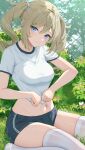  1girl absurdres barbara_(genshin_impact) blonde_hair blue_eyes blush breasts bush clothes_lift fence genshin_impact grass grin gym_shirt gym_shorts gym_uniform highres large_breasts lifted_by_self looking_at_viewer navel outdoors patreon_username rosumerii shirt shirt_lift short_shorts shorts sitting skindentation smile solo t-shirt thighhighs thighs twintails wariza white_shirt white_thighhighs 