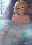  2022 blonde_hair breasts eltonel female green_eyes hair hi_res hot_spring humanoid humanoid_pointy_ears hylian looking_at_viewer nintendo nipples not_furry nude onsen partially_submerged plant princess_zelda rock signature sitting solo the_legend_of_zelda tree video_games water wet 
