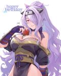  1girl absurdres bare_shoulders between_breasts black_kimono breasts camilla_(fire_emblem) commentary_request da-cart fake_horns fingerless_gloves fire_emblem fire_emblem_fates fire_emblem_heroes flower gloves groin hair_over_one_eye hand_up happy_birthday headband highres horns japanese_clothes kimono long_hair nail_polish obi off_shoulder official_alternate_costume official_alternate_hairstyle pelvic_curtain ponytail purple_eyes purple_gloves purple_hair purple_nails red_flower red_rose rose sash short_sleeves solo upper_body vambraces very_long_hair 