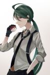  1girl ahoge bangs black_gloves black_necktie black_pants bright_pupils closed_mouth collared_shirt commentary_request earrings gloves green_hair hand_up highres holding holding_poke_ball jewelry long_hair looking_at_viewer necktie pants pigro_(vrer8543) poke_ball poke_ball_(basic) pokemon pokemon_(game) pokemon_sv ponytail red_eyes rika_(pokemon) shirt smile solo suspenders white_pupils 