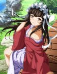  1girl bangs bench blunt_bangs bow brown_eyes brown_hair closed_mouth collarbone day floating_hair from_side hair_bow hair_ribbon hand_in_own_hair haori ikkitousen japanese_clothes kimono long_hair long_sleeves looking_at_viewer off_shoulder outdoors print_kimono ribbon shiny shiny_hair sitting smile solo ten&#039;i_(ikkitousen) very_long_hair white_bow white_ribbon 