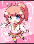  1girl :d ahoge animal_ears bangs blue_eyes brown_footwear bunny-shaped_eyewear bunny_headphones chibi commentary_request fake_animal_ears full_body hair_between_eyes hand_up headphones heart highres hinabita jacket letterboxed long_sleeves meu_meu pink_hair pink_shirt pink_skirt pleated_skirt ponytail rabbit_ears rainbow_order rensei shirt shoes skirt sleeves_past_wrists smile solo thighhighs translation_request white_jacket 