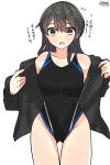  1girl ass_visible_through_thighs black_hair black_one-piece_swimsuit competition_swimsuit cowboy_shot grey_eyes hair_ornament hairclip highres jacket kantai_collection long_hair long_sleeves looking_at_viewer noruren one-piece_swimsuit open_mouth oyashio_(kancolle) simple_background smile solo swimsuit swimsuit_under_clothes twitter_username white_background 
