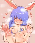  1boy 1girl :q animal_ears areola_slip bikini blue_bikini blue_hair blush breasts censored cleavage closed_mouth condom cum cum_in_container earclip heart highres huge_penis long_hair looking_at_penis looking_to_the_side low_twintails medium_breasts mosaic_censoring navel penis pink_background rabbit_ears rabbit_tail red_eyes seiran_(touhou) smile solo_focus swimsuit tail tongue tongue_out touhou twintails unimamo used_condom veins veiny_penis 