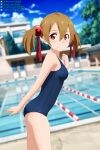  1girl bag bangs bare_arms blue_one-piece_swimsuit blue_sky blurry blurry_background blush breasts brown_hair closed_mouth cloud cowboy_shot day from_side hair_between_eyes hair_ribbon highres leaning_forward long_hair looking_at_viewer outdoors pool red_eyes red_ribbon ribbon school_swimsuit shiny shiny_hair shugo19 signature silica sky small_breasts smile solo standing swimsuit sword_art_online twintails 