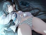  1girl absurdly_long_hair aris_(blue_archive) black_hair blue_archive blush breasts cameltoe closed_eyes collared_shirt controller game_controller hair_between_eyes highres kokuto_(kurousagi1210) long_hair long_sleeves lying navel necktie no_pants on_back one_side_up open_clothes open_shirt panties parted_lips shirt sleeping sleeves_past_wrists small_breasts solo striped striped_panties thighs underwear very_long_hair white_shirt 