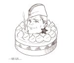  1boy ai_drawing_person_in_cake_(meme) cake candle closed_mouth cyrillic dated food greyscale horikou male_focus meme monochrome original signature simple_background smile solo soviet_army white_background 