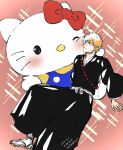  1boy absurdres black_hakama bleach blush bow brown_eyes crossover foot_out_of_frame full_body hair_bow hakama hello_kitty hello_kitty_(character) highres japanese_clothes kurosaki_ichigo long_sleeves looking_at_another one_eye_closed red_bow socks spiked_hair tabi ten0u0 white_socks wide_sleeves zouri 