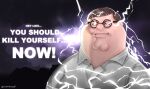  1boy absurdres brown_hair collared_shirt double_chin electricity english_commentary english_text family_guy fat fat_man highres kowai_(iamkowai) male_focus meme peter_griffin portrait shirt short_hair solid_eyes solo twitter_username white_eyes white_shirt you_should_kill_yourself_now_(meme) 