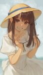  1girl blue_ribbon blush breasts brown_eyes brown_hair collarbone dress hat hat_ribbon highres kawai_makoto long_hair looking_at_viewer original parted_lips puffy_short_sleeves puffy_sleeves ribbon short_sleeves small_breasts smile solo sun_hat teeth white_dress 