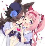  2girls animal_ears bangs blue_flower blue_rose blush cheek-to-cheek commentary_request flower flower-shaped_pupils hair_intakes hair_over_one_eye hairband haru_urara_(umamusume) hat hat_flower heads_together heart heart_hands heart_hands_duo highres hizuki_yayoi horse_ears long_hair looking_at_viewer multiple_girls one_eye_closed open_mouth pink_hair ponytail puffy_short_sleeves puffy_sleeves purple_shirt rice_shower_(umamusume) rose sailor_collar school_uniform shirt short_sleeves skirt smile symbol-shaped_pupils tracen_school_uniform umamusume white_skirt 