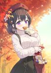  1girl :d autumn autumn_leaves bag bangs bear_hair_ornament beret black_hair black_skirt blush branch breasts commentary_request croquette food food_on_face hair_between_eyes hair_ornament hat high-waist_skirt highres holding holding_food large_breasts long_sleeves looking_at_viewer original pocky puffy_long_sleeves puffy_sleeves purple_eyes red_headwear skirt sleeves_past_wrists smile solo suspender_skirt suspenders sweat sweater tam-u teeth thick_eyebrows tree turtleneck turtleneck_sweater upper_teeth white_sweater 