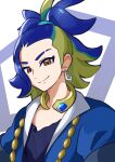 1boy absurdres adaman_(pokemon) arutarika_(ri_kaoekaki) blue_coat blue_hair brown_eyes closed_mouth coat collar commentary_request earrings eyebrow_cut green_hair highres jewelry looking_at_viewer male_focus multicolored_hair pokemon pokemon_(game) pokemon_legends:_arceus ponytail smile solo split_mouth upper_body 
